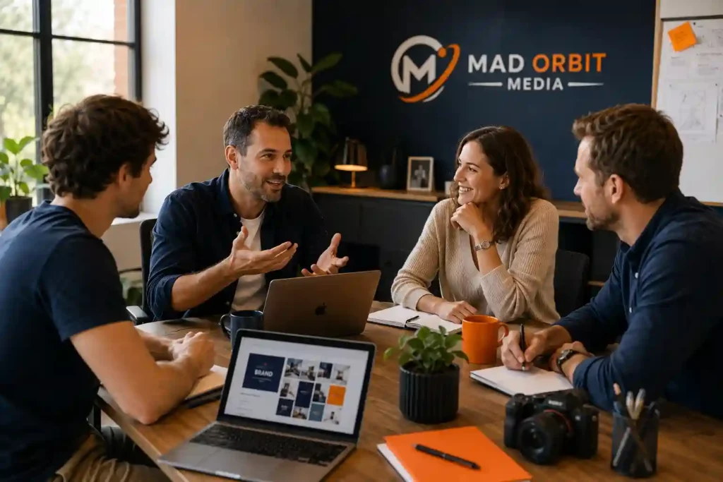Why we exist - the Mad Orbit Media team collaborating on client projects